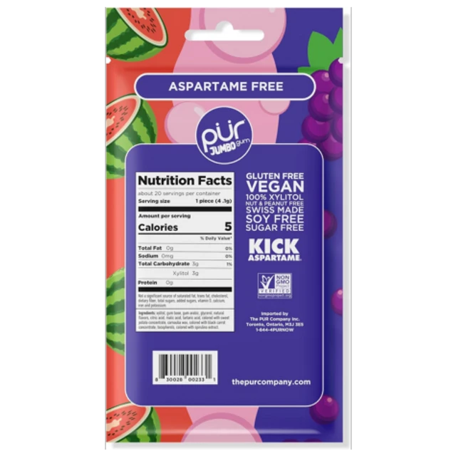 Pur Aspartame Free Jumbo Gum - Grape, Bubblegum & Watermelon