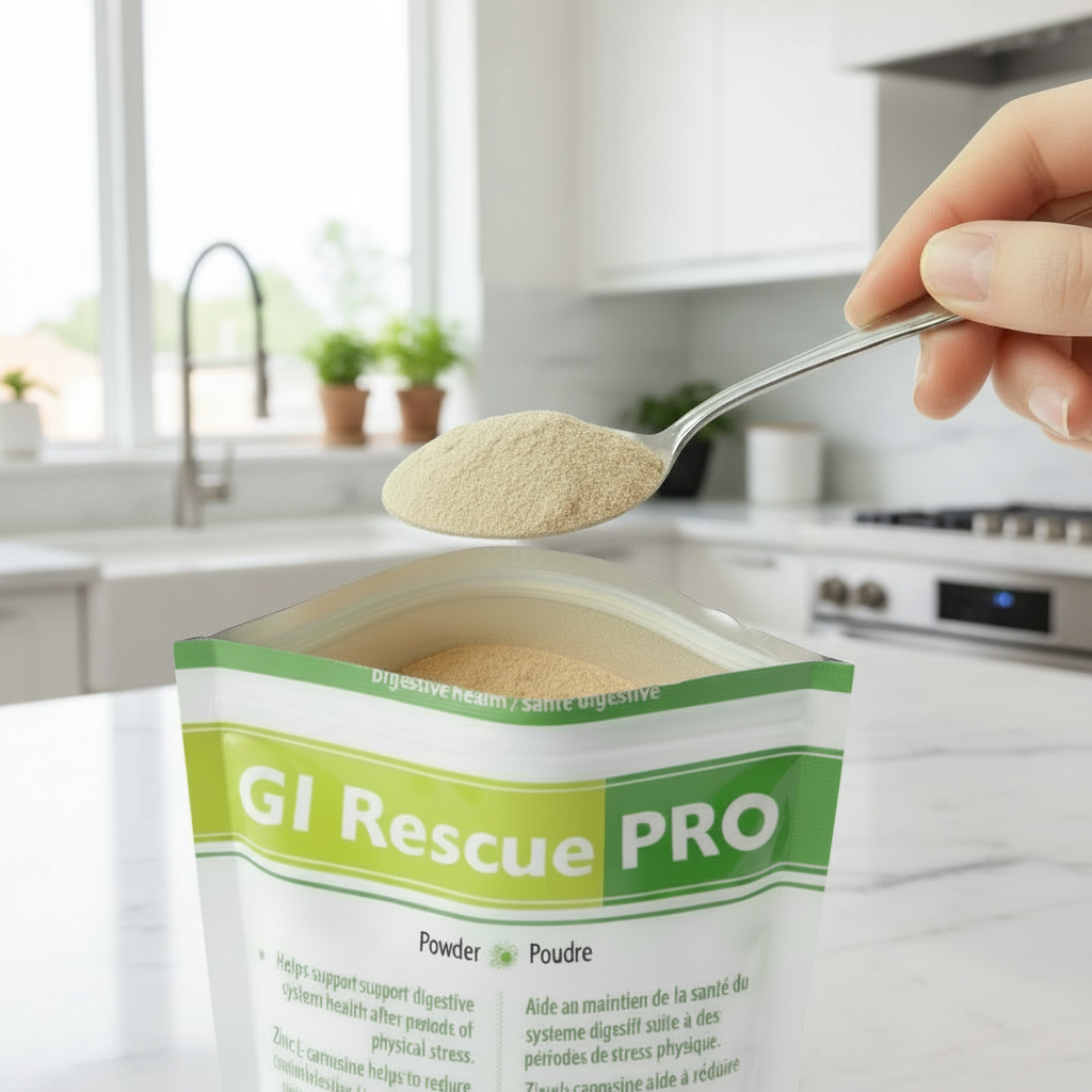 Hand holding a spoonful of powder over a container labeled 'GI Rescue Pro' in a kitchen setting.