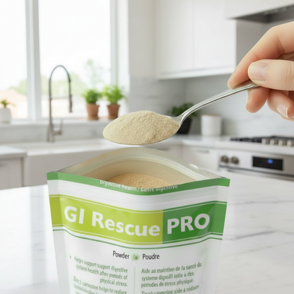 Hand holding a spoonful of powder over a container labeled 'GI Rescue Pro' in a kitchen setting.