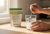 Person mixing a supplement into a glass of water with 'GI Rescue PRO' container in the background.