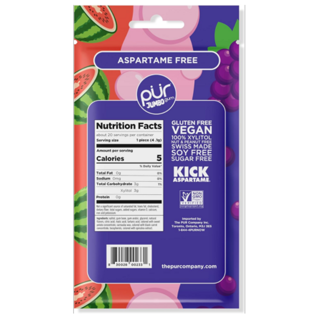 Pur Aspartame Free Jumbo Gum - Grape, Bubblegum & Watermelon