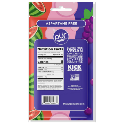 Pur Aspartame Free Jumbo Gum - Grape, Bubblegum & Watermelon