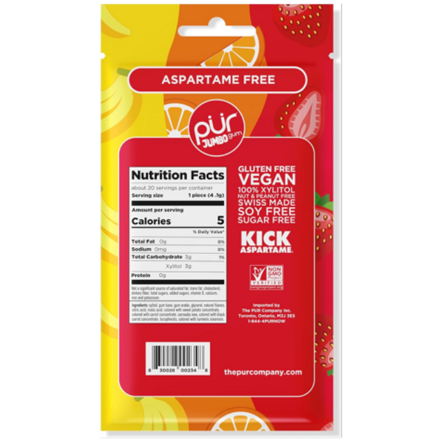 Pur Aspartame Free Jumbo Gum - Strawberry, Orange & Banana