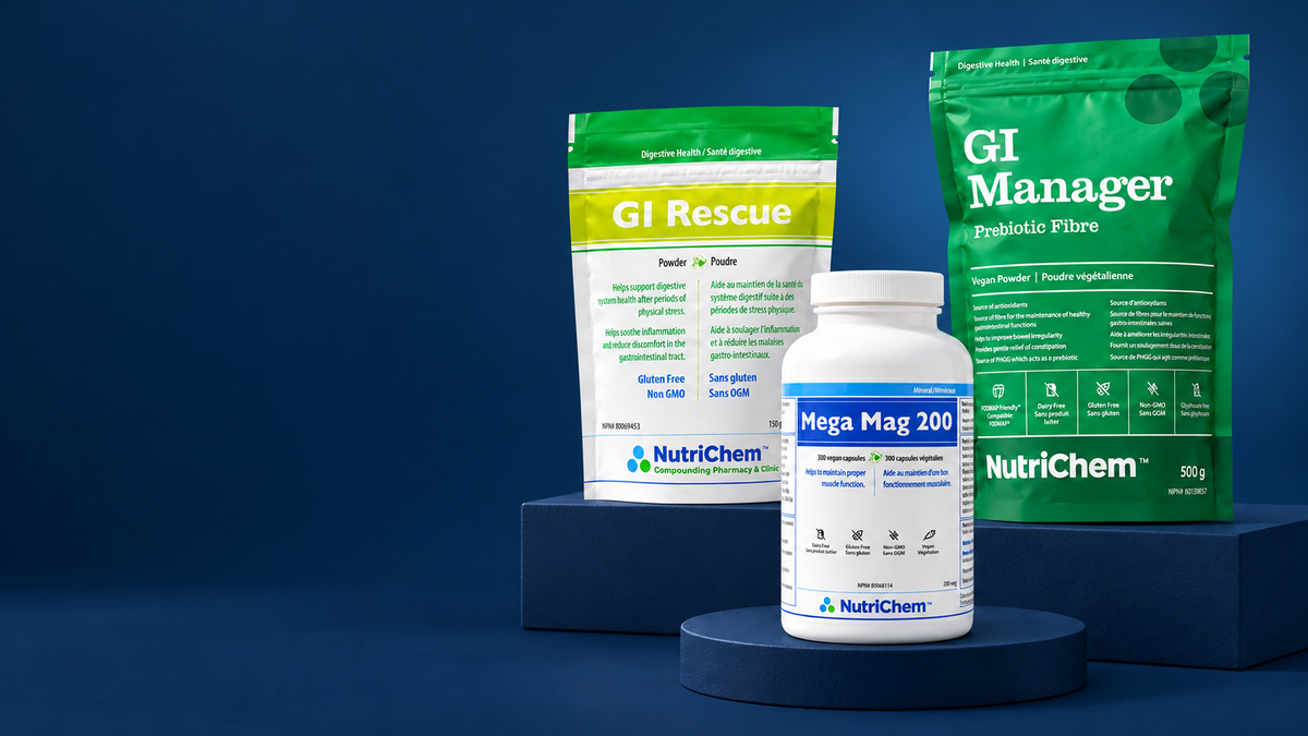 NutriChem Mega Mag 200, GI Rescue and GI Manager on navy display plinths