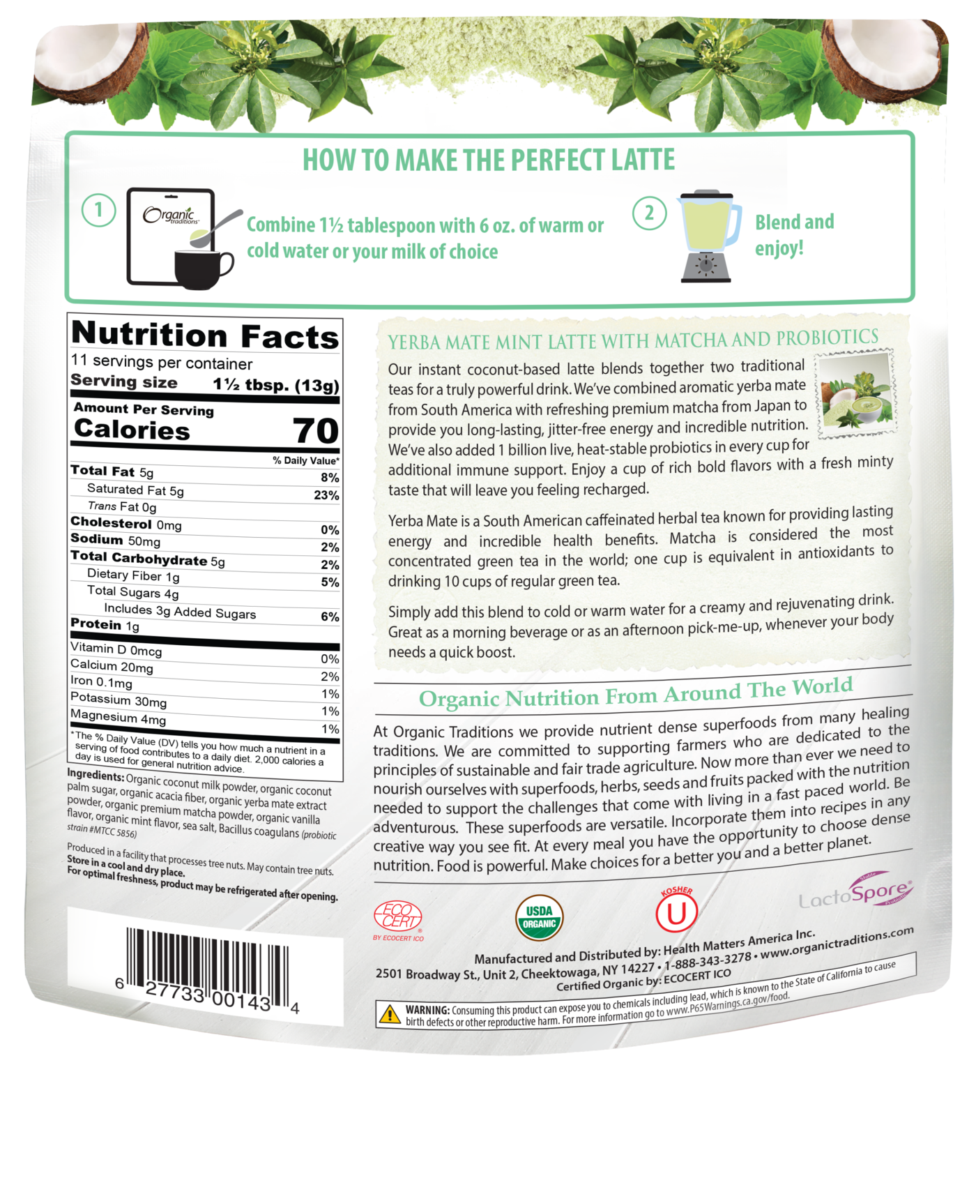 Organic Yerba Mate Mint Latte with Matcha and Probiotics